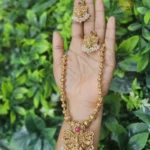 Antique Lakshmi Pendant Beads Haaram with White Pearls