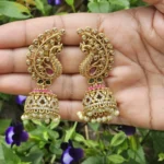 Antique Peacock Jhumka with Multicolour Stones & Pearl Drops