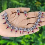Oxidized Silver Flower Necklace with Red AD Stones