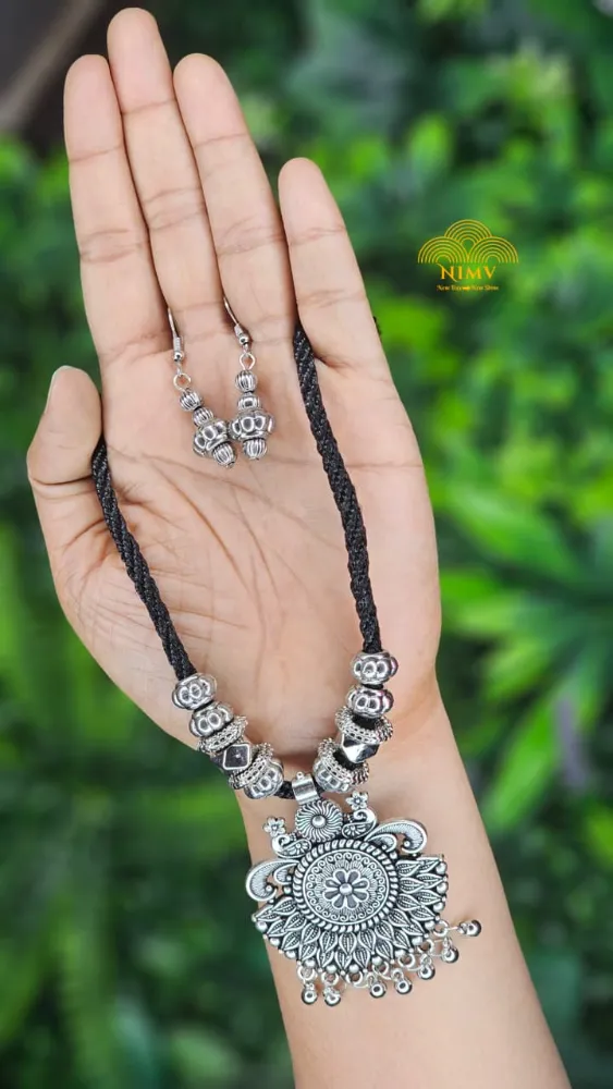 NV-0815-RS-300 Oxidized Silver Necklace with Black Thread - Image 1
